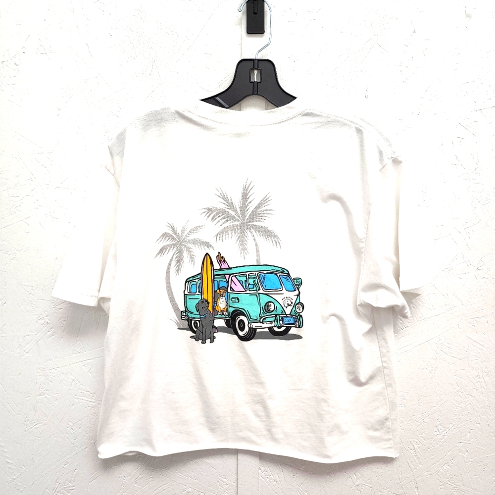 Pup Active Dog lover graphic tshirt Large Crop top, Volkswagen, surfboard beach